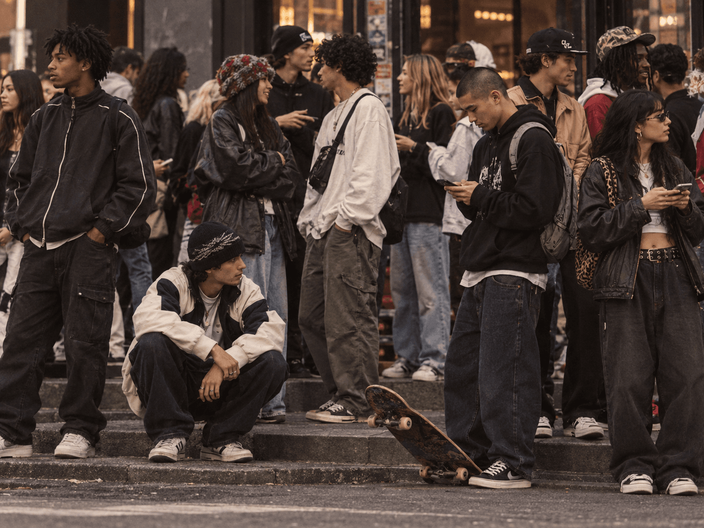 A crowd in streetwear gathered on city steps, with a skateboard at their feet