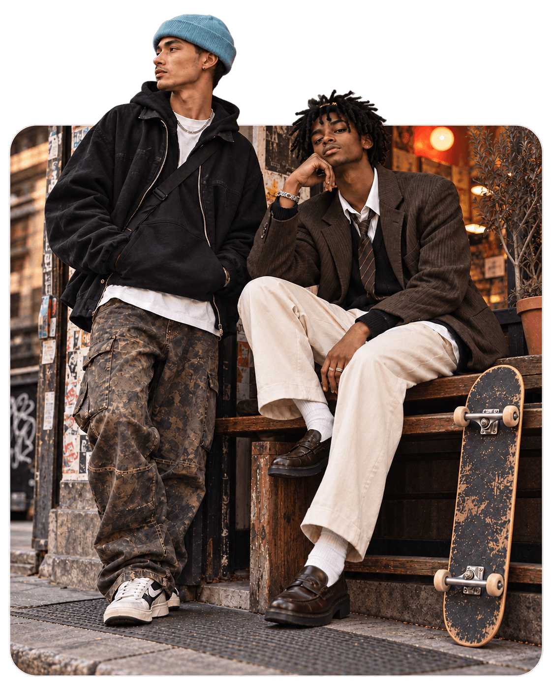 Two people in streetwear on a city street, one seated beside a skateboard