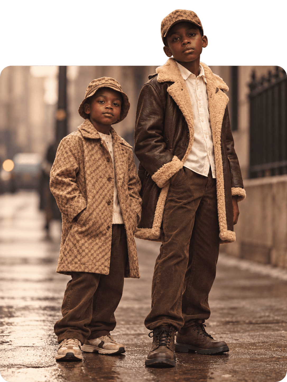 Two young boys in tailored coats and caps standing on a city street