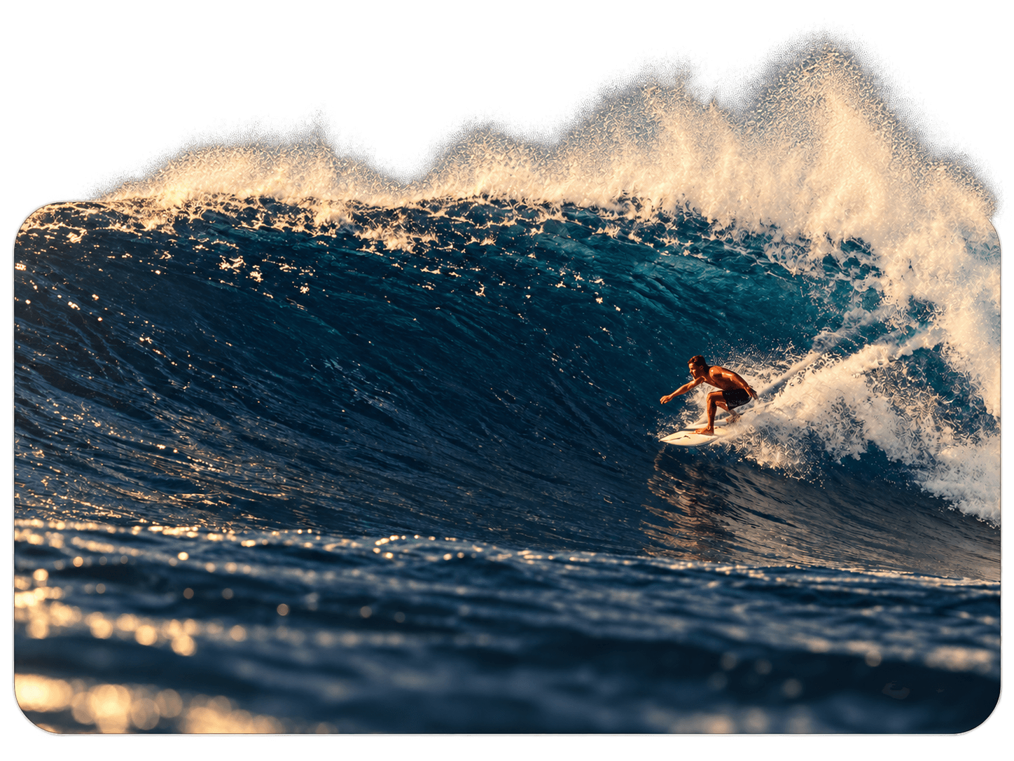 A surfer riding the face of a large breaking wave in low sun